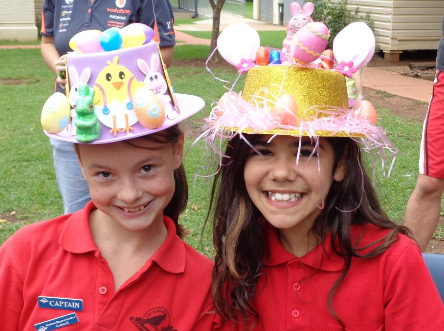 WONGARBON PUBLIC SCHOOL EASTER HAT PARADE: Sarina Hinchcliffe and Talesha Murray. Photo Contributed