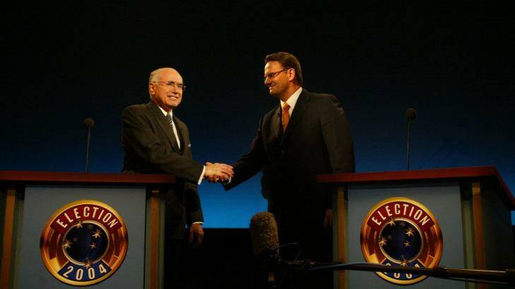 John Howard anad Mark Latham at the 2004 election debate.  Photo: Andrew Taylor 
