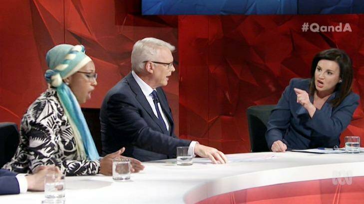 Panellist Yassmin Abdel-Magied, host Tony Jones and Tasmanian senator Jacqui Lambie on Q&A on Monday night. Photo: ABC