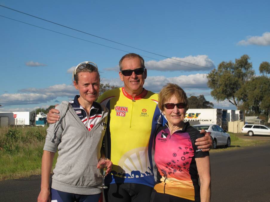 Placegetters Susan Madden (second) and John O'Brien (third) with winner Kathy Furney after last weekend's event. 	         Photo: CONTRIBUTED