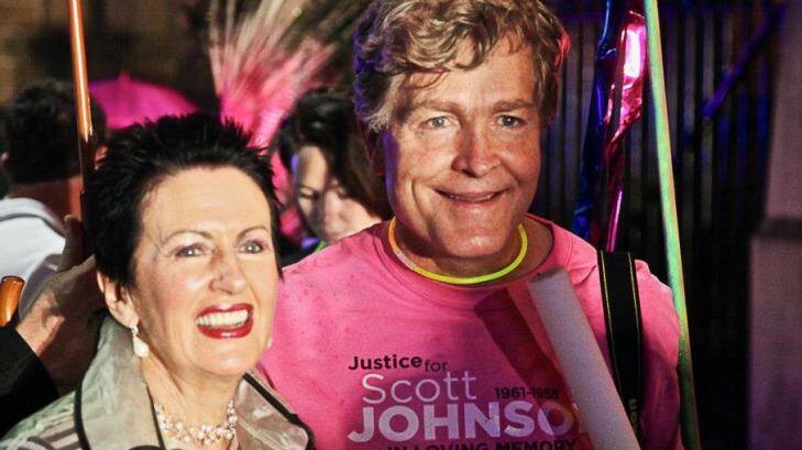 Steve Johnson with Clover Moore in the 2013 Mardi Gras Parade in Sydney.  Photo: Supplied