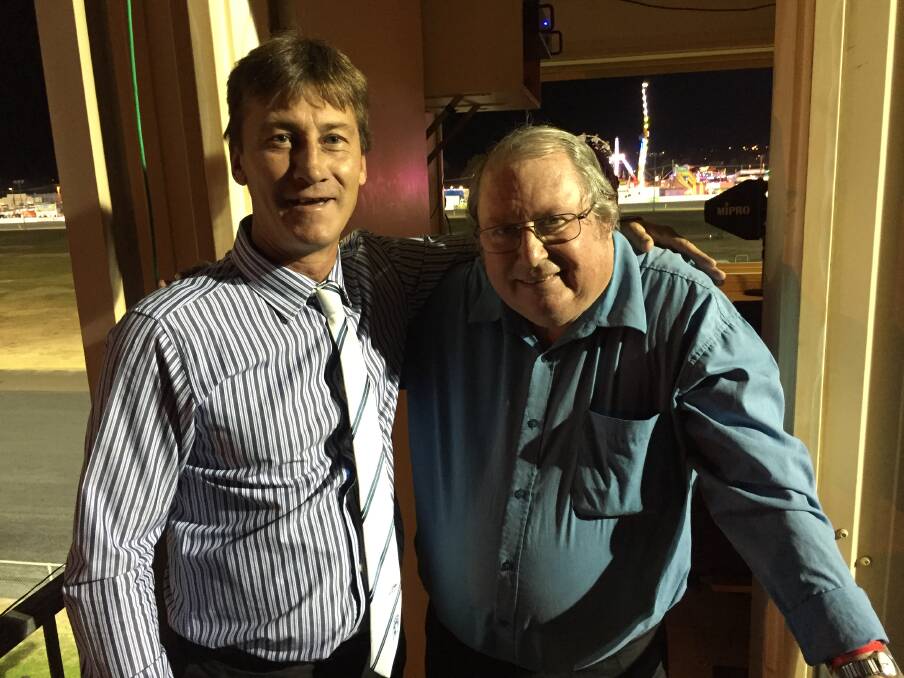 Craig Easey with fellow racecaller John Gilmour outside the caller's box at Dubbo Paceway last Friday night. 			  Photo: BEN WALKER