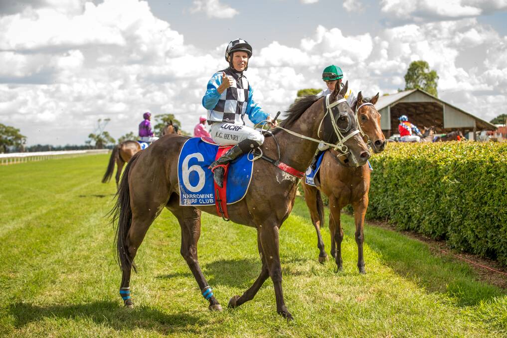 Leanne Henry gives a thumbs up after Talimena's win at Narromine on Saturday.		  Photo: JANIAN McMILLAN (www.racingphotography.com.au)