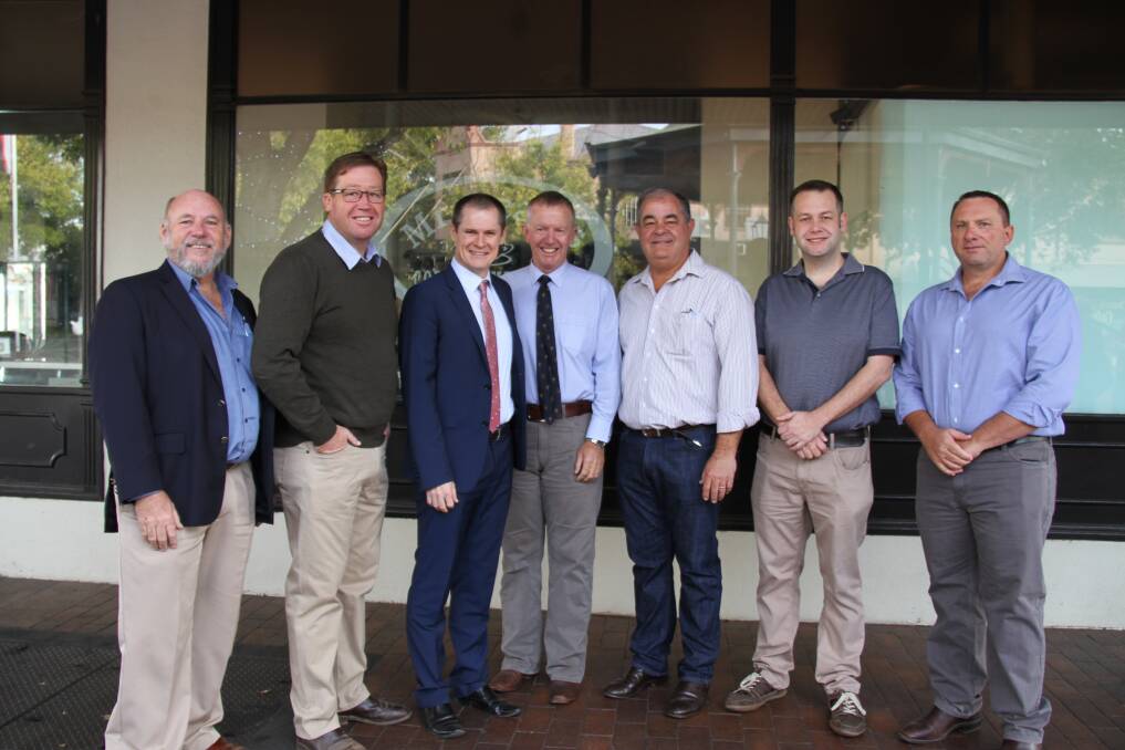 Dubbo councillor Greg Matthews, NSW Deputy Premier and Dubbo MP Troy Grant, Dubbo mayor Mathew Dickerson, federal Member for Parkes Mark Coulton, and Dubbo councillors John Walkom, Ben Shields and Greg Mohr at the Community Leaders Breakfast at Dubbo on Saturday. 																       Photo: MICHELLE BARKLEY
