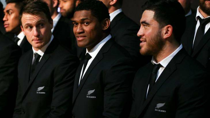 Ben Smith, Waisake Naholo and Nehe Milner-Skudder look on during the New Zealand All Blacks Rugby World Cup team announcement on August 30. Photo: Hagen Hopkins/Getty Images