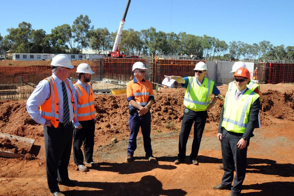 Dubbo City Council general manager Mark Riley, NSW Public Works project manager David Watson, site manager Stan Donnelly, director technical services Stewart McLeod and mayor Mathew Dickerson. 	Photo: BELINDA SOOLE