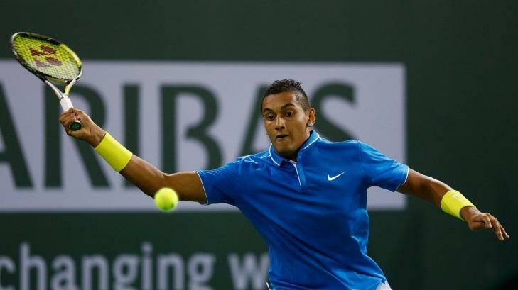 Nick Kyrgios in action against Denis Kudla at Indian Wells in California. Photo: JULIAN FINNEY