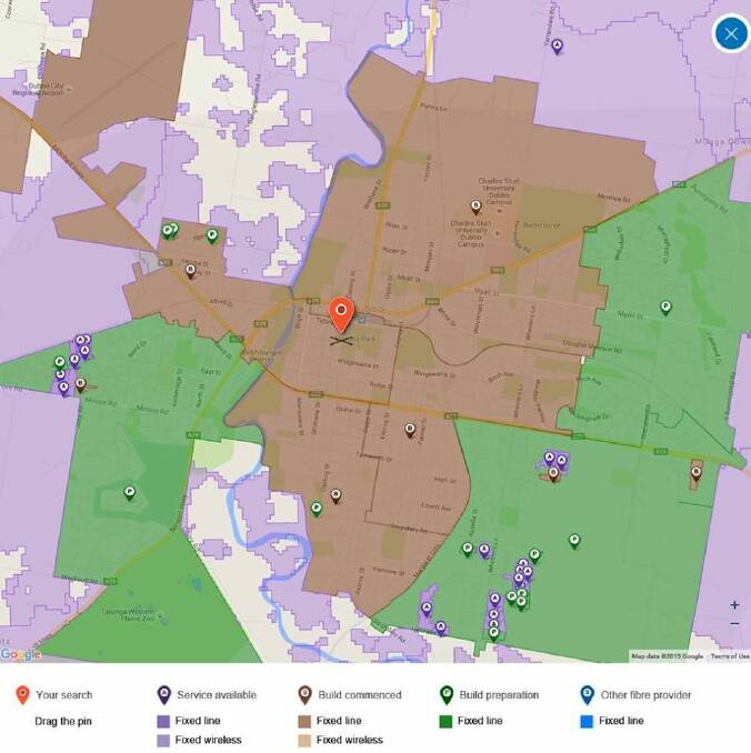 Brown is good, green is bad: Dubbo mayor Mathew Dickerson says the brown areas, where construction of the NBN is underway, will receive FTTP, while the green areas, where contruction is yet to start, will receive FTTN. Photo: MAYOR OF DUBBO FACEBOOK PAGE