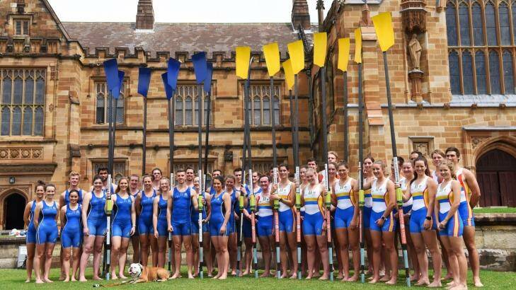 Rowers from the Melbourne and Sydney men's and women's teams at a weigh-in at Sydney Uni ahead of Sunday's race. Photo: Nick Moir