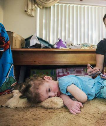 News
At the home of Cherie and Trevor Dell in Sydney who treat their 3 year old daughter Abbey with cannabis oil to treat CDKL5, a rare genetic condition. 

5 May 2015
photo: Rohan Thomson
The Canberra Times Photo: Rohan Thomson