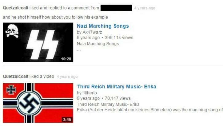 Vincent Stanford 'liked' clips of Nazi marching songs and other Third Reich military music. Photo: YouTube