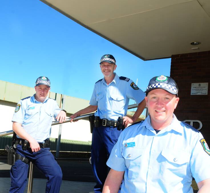 Probationary Constable Greg Lynch, Acting Sergeant Daniel Tagg and Probationary Constable Shane Allen outside Dubbo Police Station. 			  Photo: LOUISE DONGES