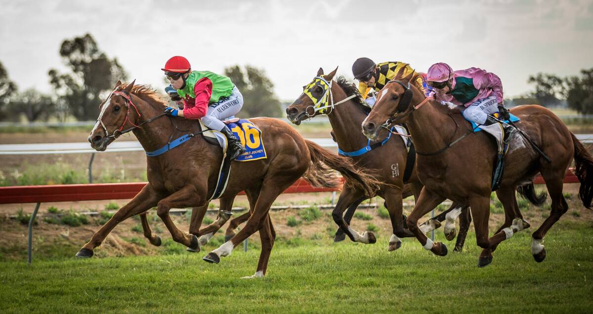 Atomic Blaze (red and green) has been nominated for Sunday's meeting at Dubbo Turf Club, one of two big meetings at Dubbo this month.  
Photo: Janian McMillan (www.racingphotography.com.au)