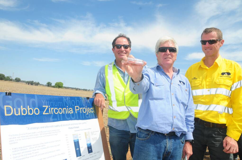 Alkane Resources Mike Sutherland and Ian Chalmers are joined by Nick Earner at the site of the Dubbo Zirconia Project at Toongi in 2014. 	Photo: JOSH HEARD