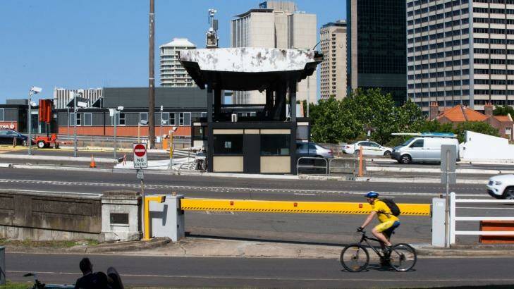 One of the abandoned toll booths on the Harbour Bridge.  Photo: Edwina Pickles
