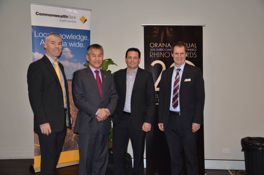 Commonwealth Bank business banking executive Rupert Backus, GUD Holdings CEO Jonathan Ling, Dubbo Chamber of Commerce and Industry president Matthew Wright and Dubbo mayor Mathew Dickerson at the Wednesday morning chamber breakfast.