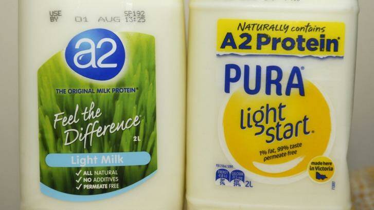 Bottles of milk from a2 and Pura, which both make A2 protein claims. Photo: Steve Hynes