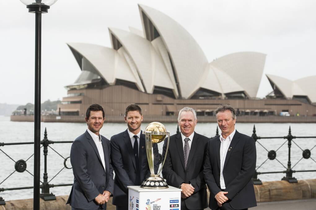 Australian World Cup captains Rickey Ponting, Michael Clarke, Allan Border and Steve Waugh pictured last month with the World Cup trophy which will be at Dubbo today.  
Photo: getty Images
