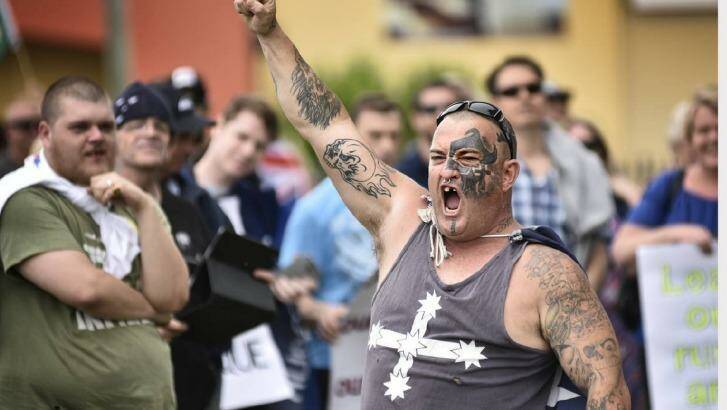 This photo of Nathan Paterson at the Reclaim Australia rally was shared widely at the weekend. Photo: Perry Duffin