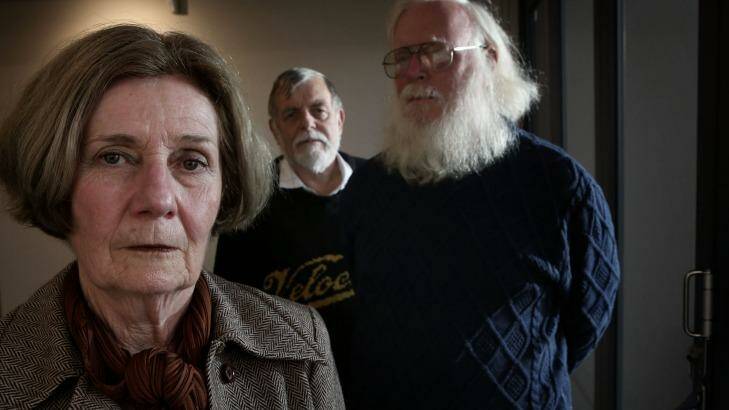 Elaine Ross, widow of motorbike rider Gary Ross with Gary's friends Dennis Quinlan and John Herrick. Photo: James Alcock