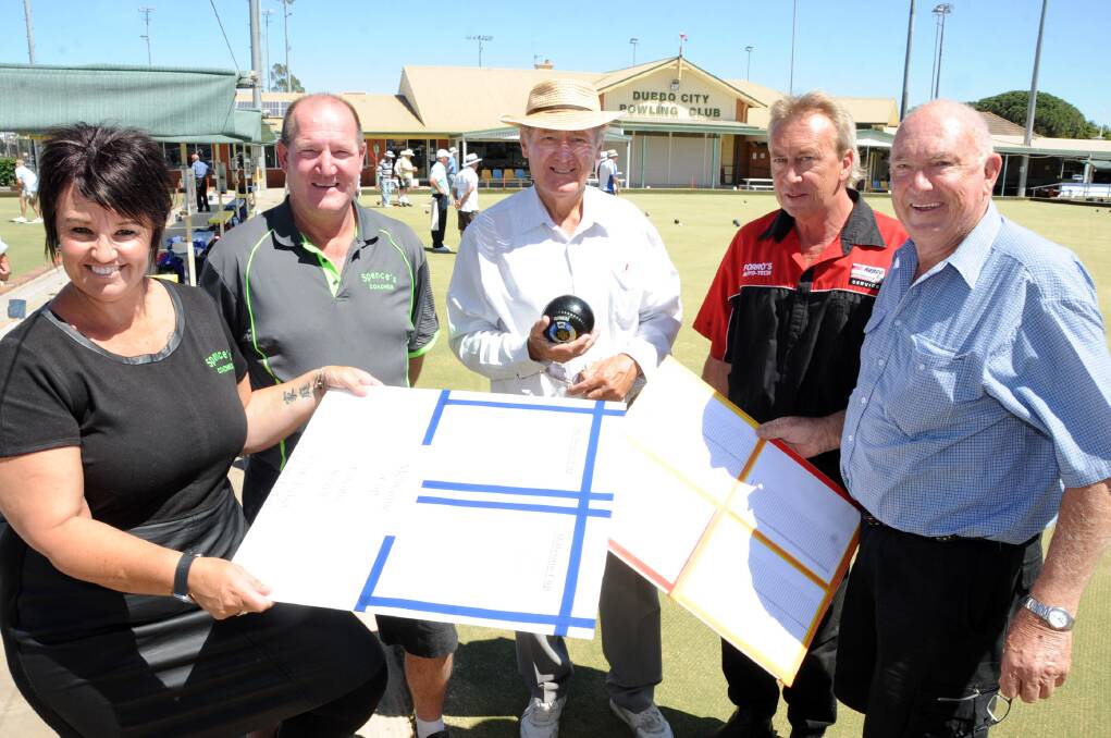 Terri-Lee Patterson and Andrew Spencer (Spence s Coaches), John Smith (Dubbo City Bowling Club Euchre Club), James Forrest (Forro s Auto-Tech) and Barry Brebner (Dubbo Rotary Club) preparing for the Galaxy Bowls Day at Dubbo City Bowling Club next Monday. 					        Photo: BELINDA SOOLE