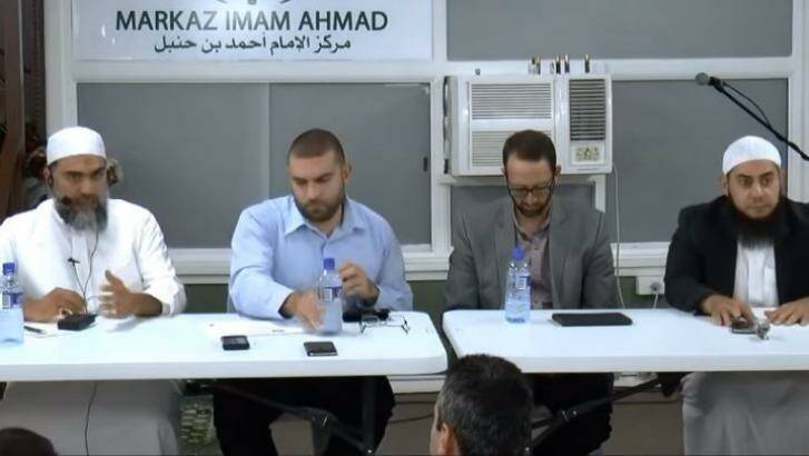 A panel session at Liverpool's MIA mosque featuring Sheikh Abu Adnan (left) and police officer Danny Miqati (second from left) that attracted the ire of Abu Haleema. Photo: Facebook