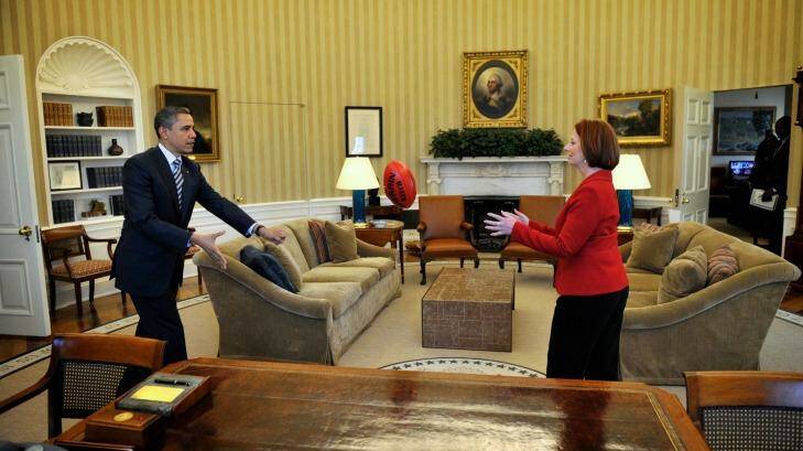 Then-Prime Minister Julia Gillard gave President Obama his first AFL ball during her visit to Washington in March 2011.