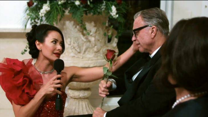 Peta Sergeant as Rose Porteous, and Sam Neil as Gina Rinehart's father Lang Hancock in <i>House of Hancock</i>.   Photo: Channel Nine