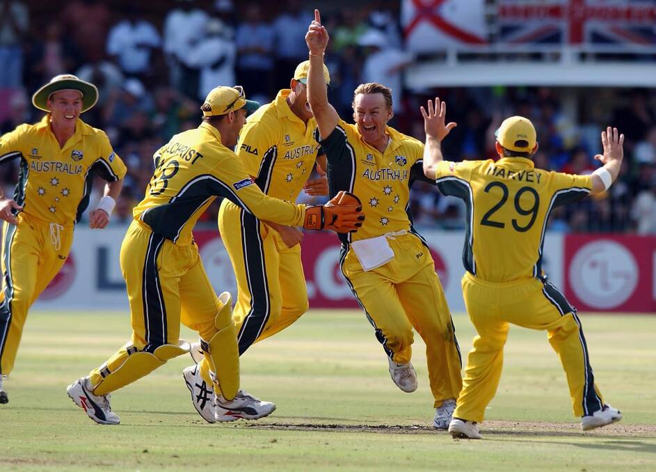 Andy Bichel celebrates a wicket for Australia during the World Cup semi-final in 2003. Bichel will join former Australian cricketer Jimmy Maher in Dubbo today. 														  Photo: Getty Images