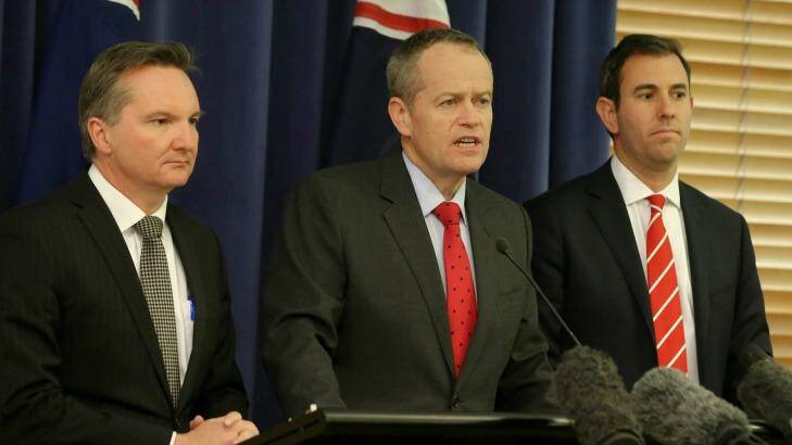 Shadow treasurer Chris Bowen, Opposition Leader Bill Shorten and opposition spokesman Jim Chalmers explain their support for the compromise savings bill on Tuesday. Photo: Alex Ellinghausen