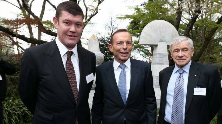 James Packer, left, with Prime Minister Tony Abbott and media owner Kerry Stokes during Mr Abbott's official visit to Japan.  Photo:  Alex Ellinghausen