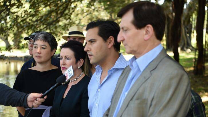 Jenny Leong, Clover Moore, Alex Greenwich, and Ron Hoenig speak against any plan to build a stadium on Kippax Lake  Photo: Nick Moir