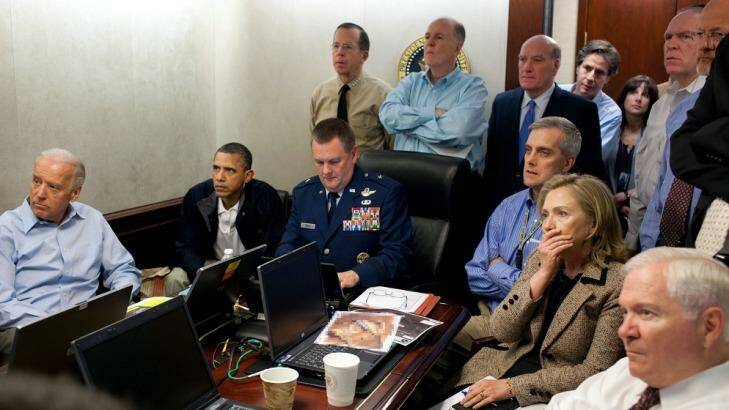 Vice-President Joe Biden, left, President Obama and Secretary of State Hillary Clinton with members of the national security team receiving an update on the mission against Osama bin Laden on May 1, 2011. Photo: Pete Souza