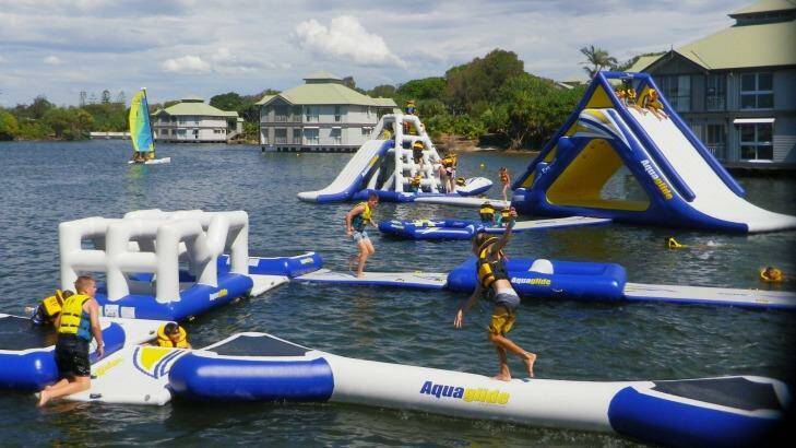 The Novotel Twin Waters Resort has its own water park of inflatable slides and pontoons on its lagoon.