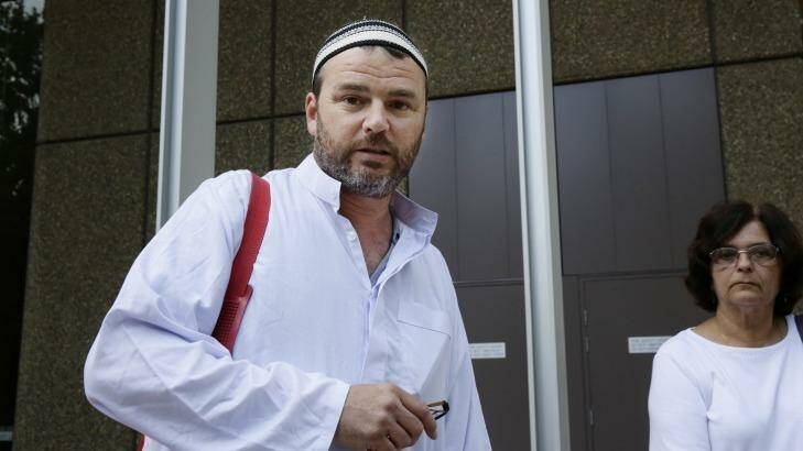 Cronulla memorial organiser Nick Folkes at court dressed in a mock Islamic outfit. Photo: Jessica Hromas