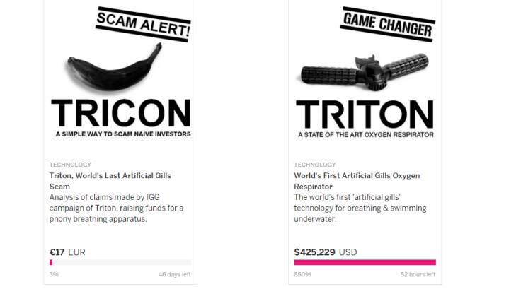A thumbnail of the Triton campaign, right, and the Tricon campaign as they appear on Indiegogo's search page. Photo: Indiegogo