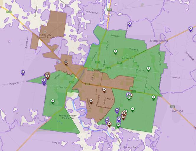 Green signifies preconstruction activities, including clearing debris, while the construction is underway in teh brown areas. Purple areas already have access to fixed wireless broadband. Photo: NBN CO