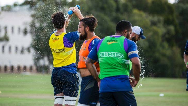 Brumbies players cool off during training on Tuesday afternoon. Photo: Jamila Toderas
