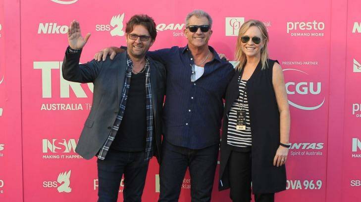 Founder John Polson with judges Mel Gibson and Rebecca Gibney at Tropfest last year. Photo: James Alcock