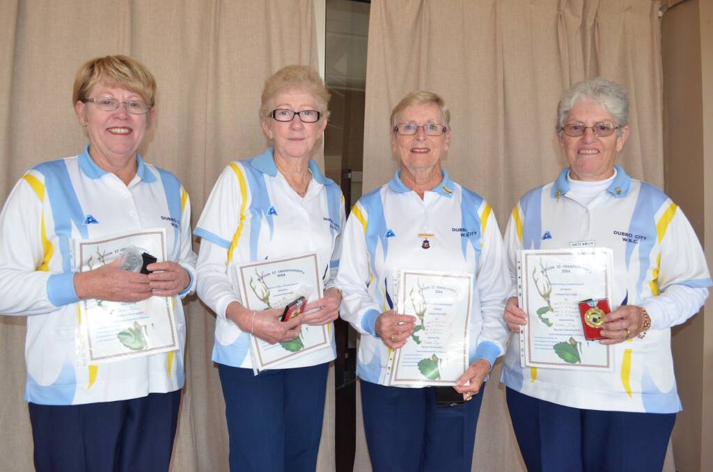 Dubbo City Bowling Club's Merrill O'Sullivan, Kay McKenzie, Judith O'Connor and Annette McMillan won the senior fours Regional 12 title.  
Photo: Ben Harris