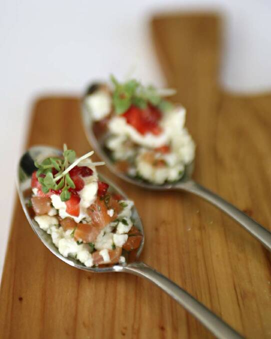 Salmon and strawberry canapes <a href="http://www.goodfood.com.au/good-food/cook/recipe/salmon-and-strawberry-canapes-20111018-29wxf.html"><b>(recipe here).</b></a> Photo: Rebecca Hallas