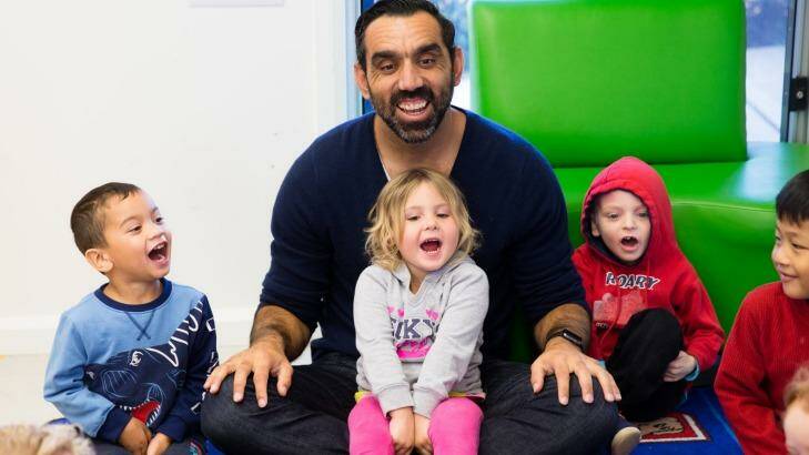 Adam Goodes with children at the Waranwarin Early Learning Centre in Campbelltown.  Photo: Janie Barrett