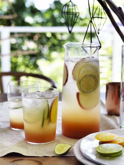 Adam Liaw's stonefruit and citrus punch (alcoholic and kids' version) <b><a href="http://www.goodfood.com.au/good-food/cook/recipe/stone-and-citrus-jug-punch-20151208-47hov.html" target="_blank">(recipe here)</a></b>. Photo: William Meppem