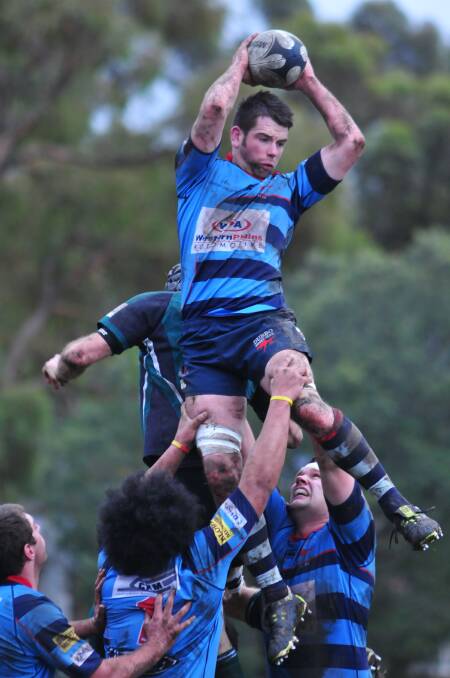 Diarmaid 'DJ' O'Shea wins a lineout for the Dubbo Roos during their heavy loss to the Orange Emus on Saturday. 					     Photo: Jade Keogh