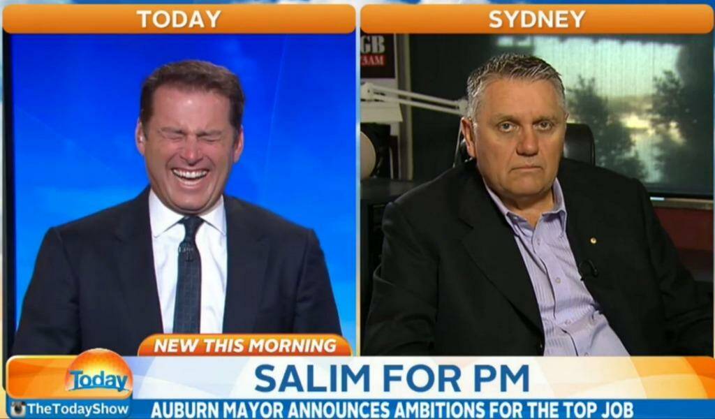 Still from the Today show showing Karl Stefanovic and Ray Hadley reacting to Salim Mejaher's announcement he wants to one day be Australian prime minister. Photo: Channel Nine