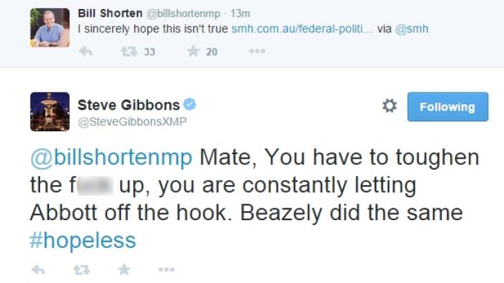 A screenshot of Opposition Leader Bill Shorten's tweet, and the response by Mr Gibbons. Photo: Twitter