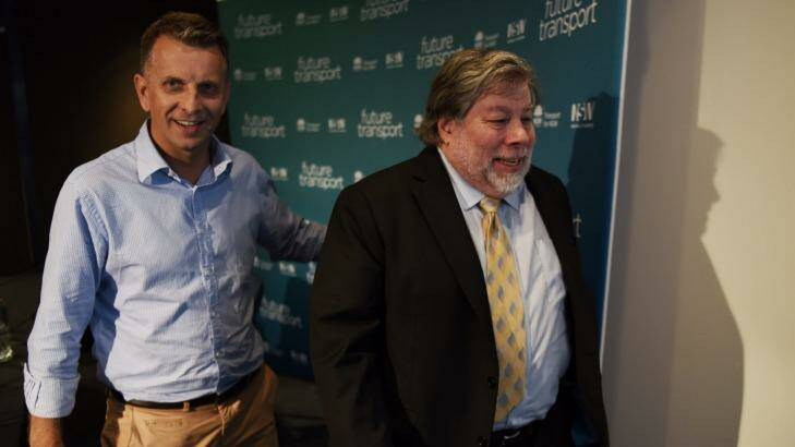 Apple co-founder Steve Wozniak, right, and Transport Minister Andrew Constance at the "Future Transport" summit in Sydney last month. Photo: Nick Moir
