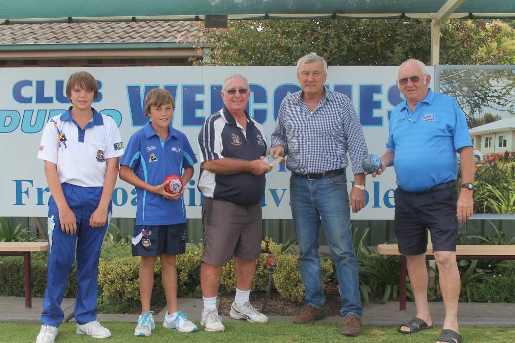 Junior bowlers Hayden Barrow and Jono Davis, Club Dubbo vice chairman Bruce Baker, major sponsor Rod Pilon and match committee member Brian Jones are looking forward to the Easter Bowls Carnival. 	Photo: Contributed