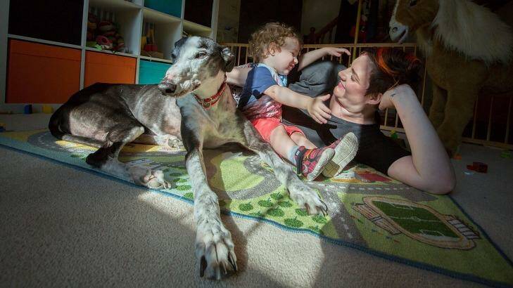 Nat Panzarino with son Luca and rescue dog  Zac, adopted six years ago. Photo: Michele Mossop