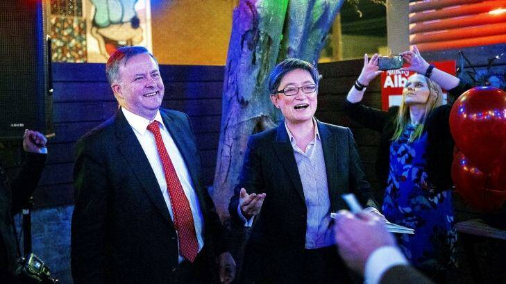 Anthony Albanese launches his campaign with Penny Wong at Vic on the Park pub in Marrickville. Photo: Christopher Pearce